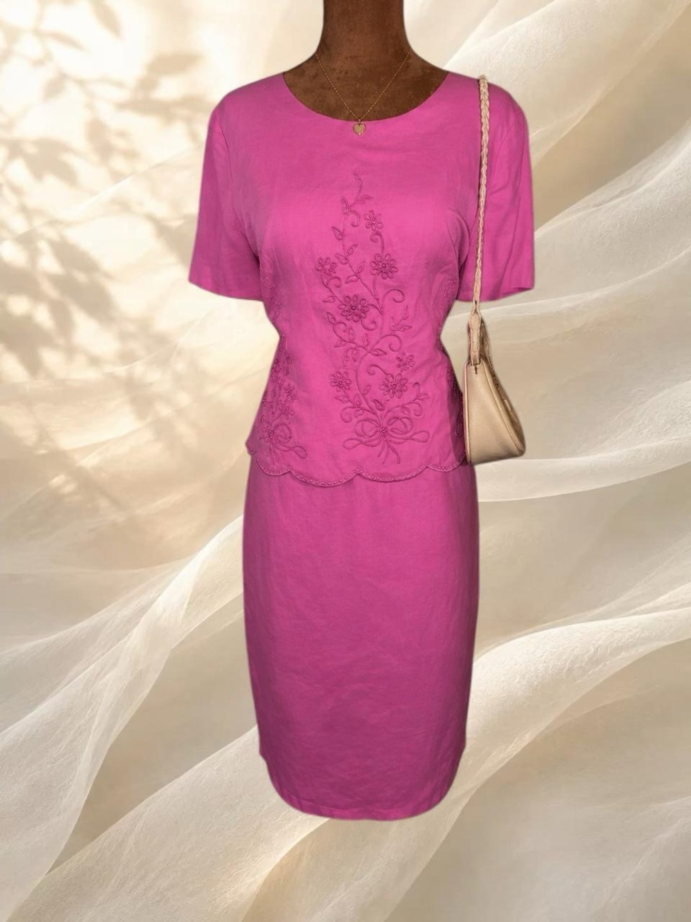 VTG R&M Richards Karen Kwong Pink Embroidered Mock 2 Piece Dress 16P